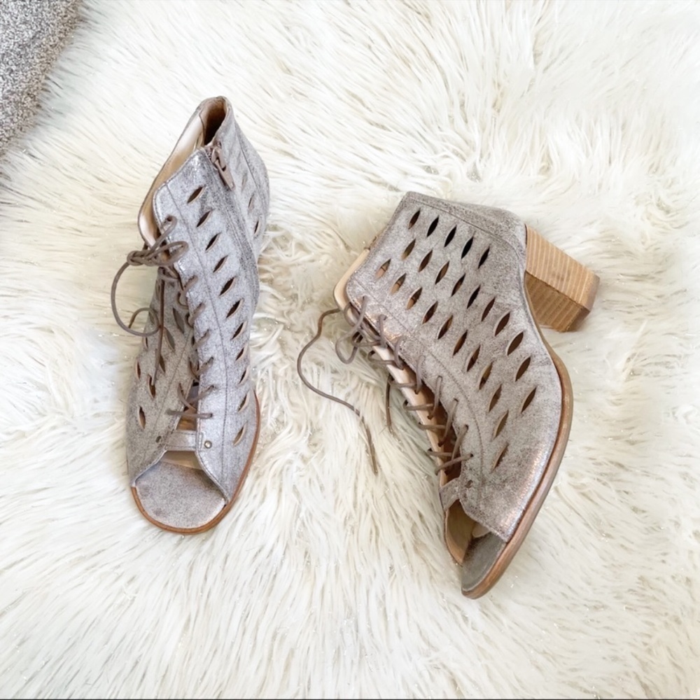 Paul Green Bali Lace Up Side Zip Perforated Metallic Leather Ankle Boots